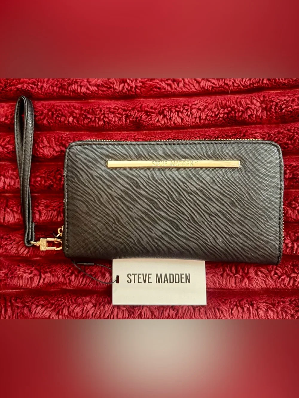 Steve Madden Black Zip-Around Wallet with Gold Bar